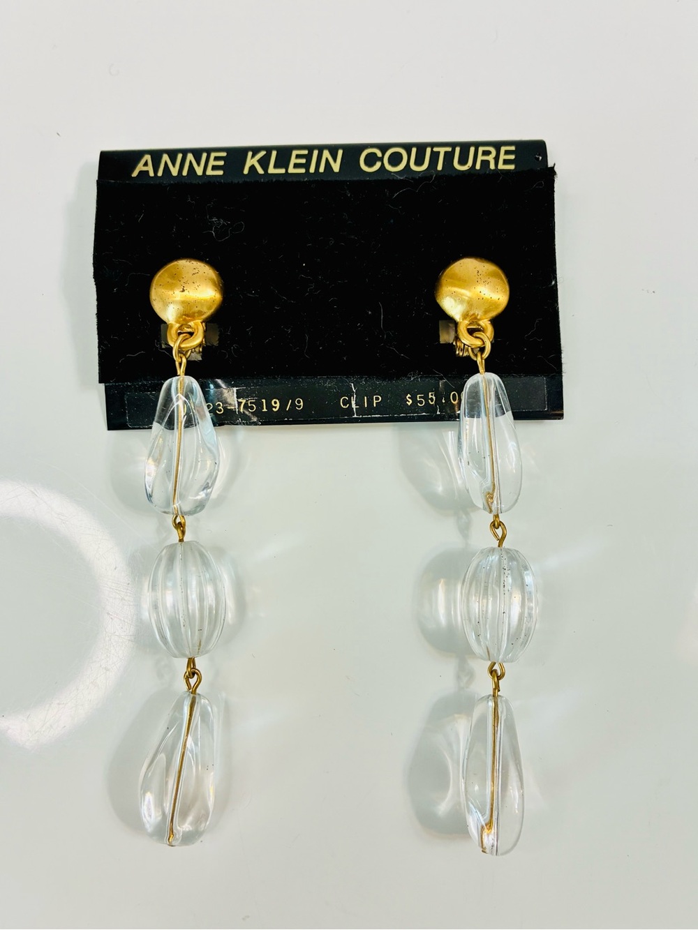 VTG Anna Klein Couture 90s Gold and Clear Lucite Bead Drop Clip-On Earrings